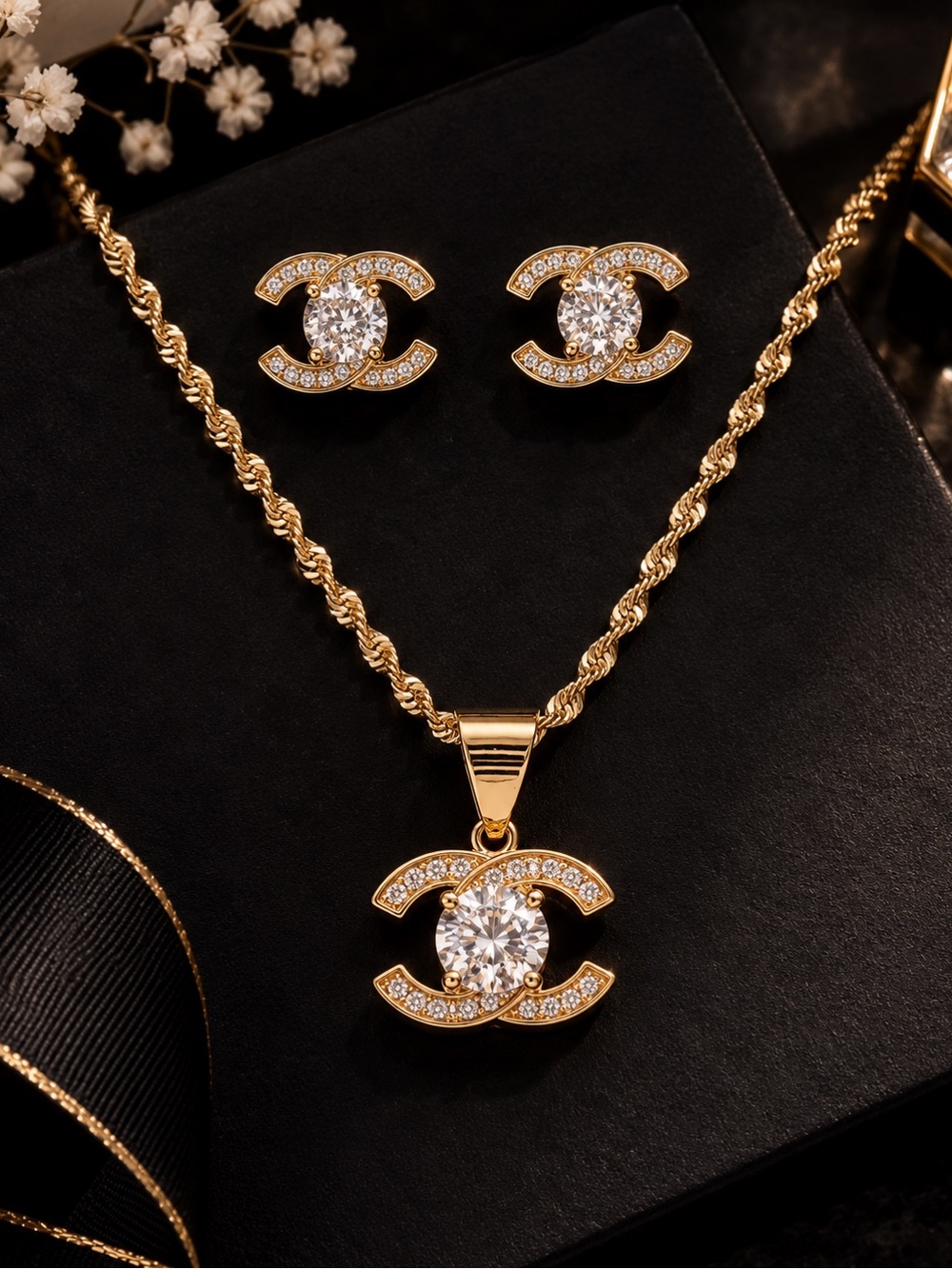 Goldfilled inspired Crystal Logo Pendant Necklace and Stud Earrings Set